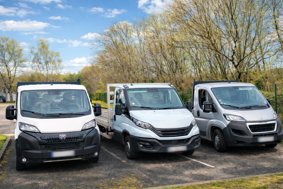 Camion de livraison blanc ou gris avec marquage discret, photographié en train de décharger des profilés métalliques ou faisceaux d'inox/aluminium devant le bâtiment d'une entreprise industrielle ou d'un atelier. La scène doit montrer clairement l'action de livraison, avec un ou deux livreurs transportant des matériaux métalliques. L'arrière-plan doit suggérer un environnement professionnel/industriel (portail d'accès, façade d'atelier, etc.). La photo doit être prise en journée, en lumière naturelle, avec une perspective qui met en avant l'efficacité et la réactivité de la livraison.
