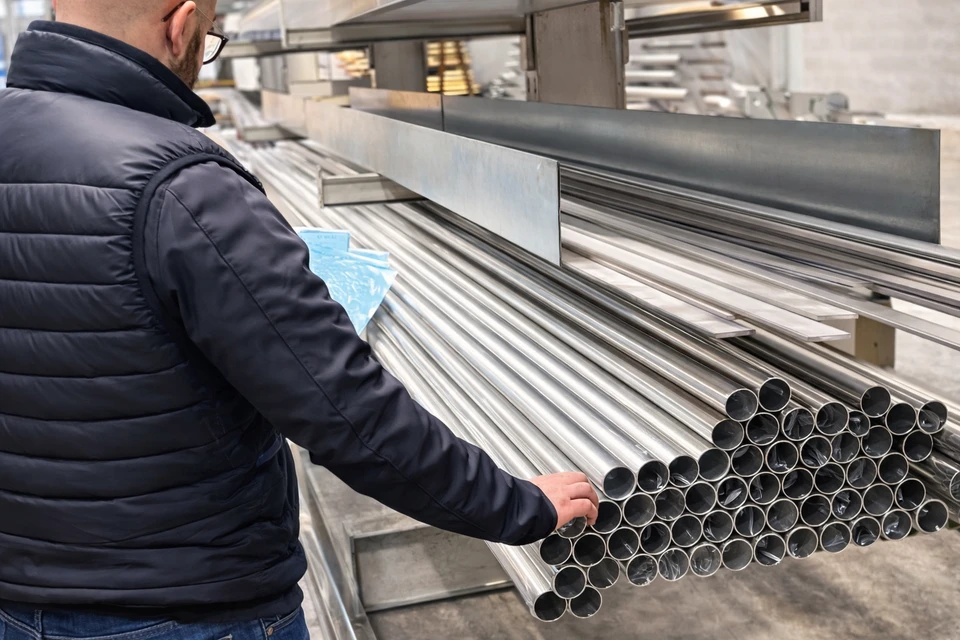 Atelier de fabrication industrielle avec ouvrier en t-shirt rouge assemblant des profilés aluminium sur établi