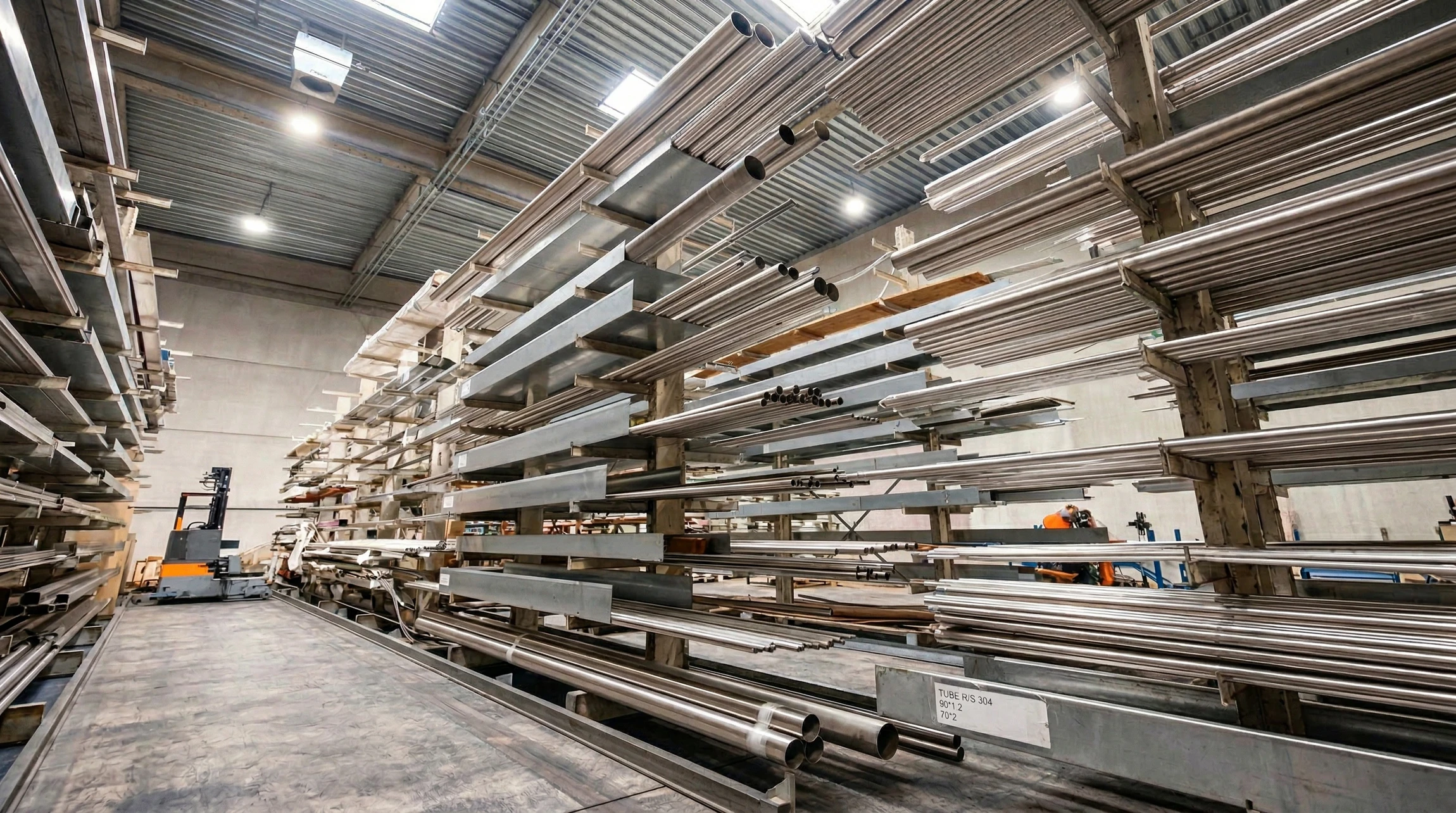 Entrepôt industriel avec stockage de tubes métalliques cylindriques empilés horizontalement